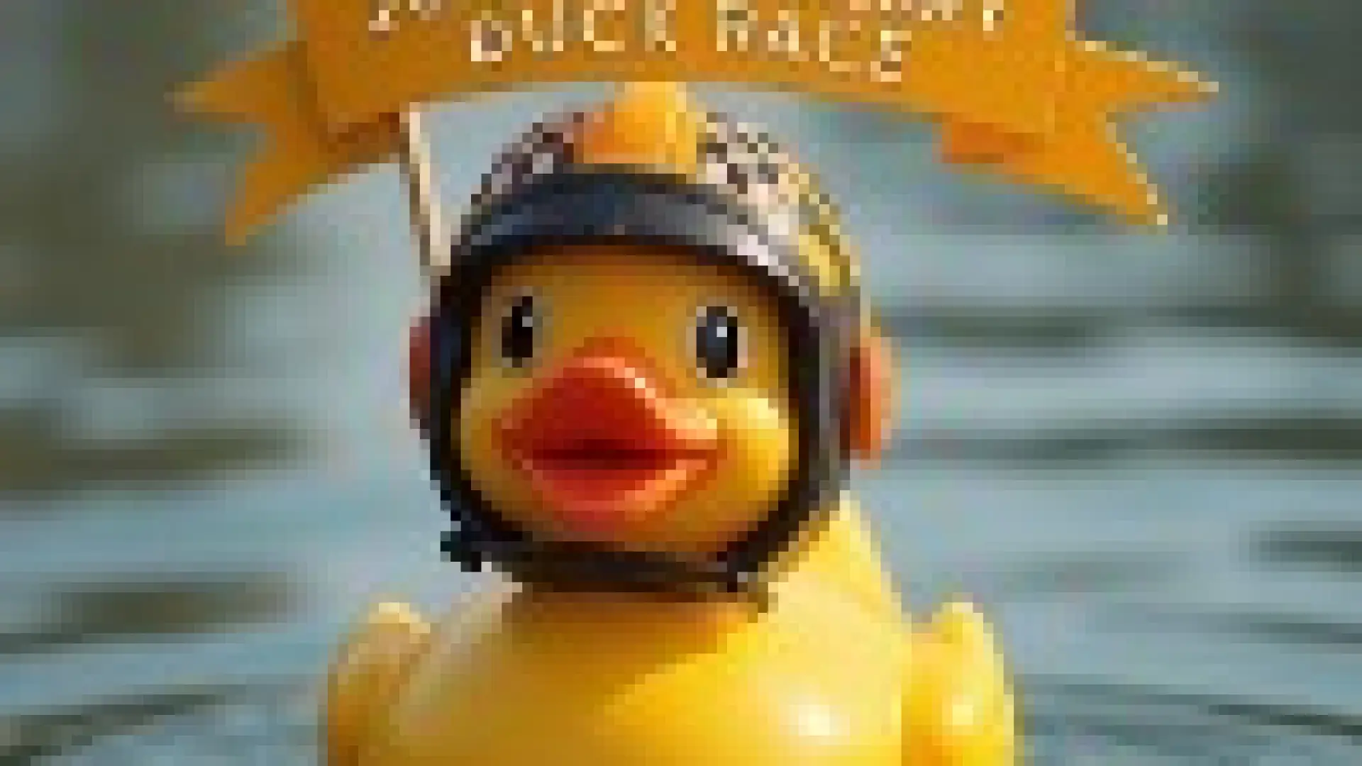 Rubber duck wearing a motorcycle helmet floats in water, holding a banner that reads "20th Anniversary Duck Race," 