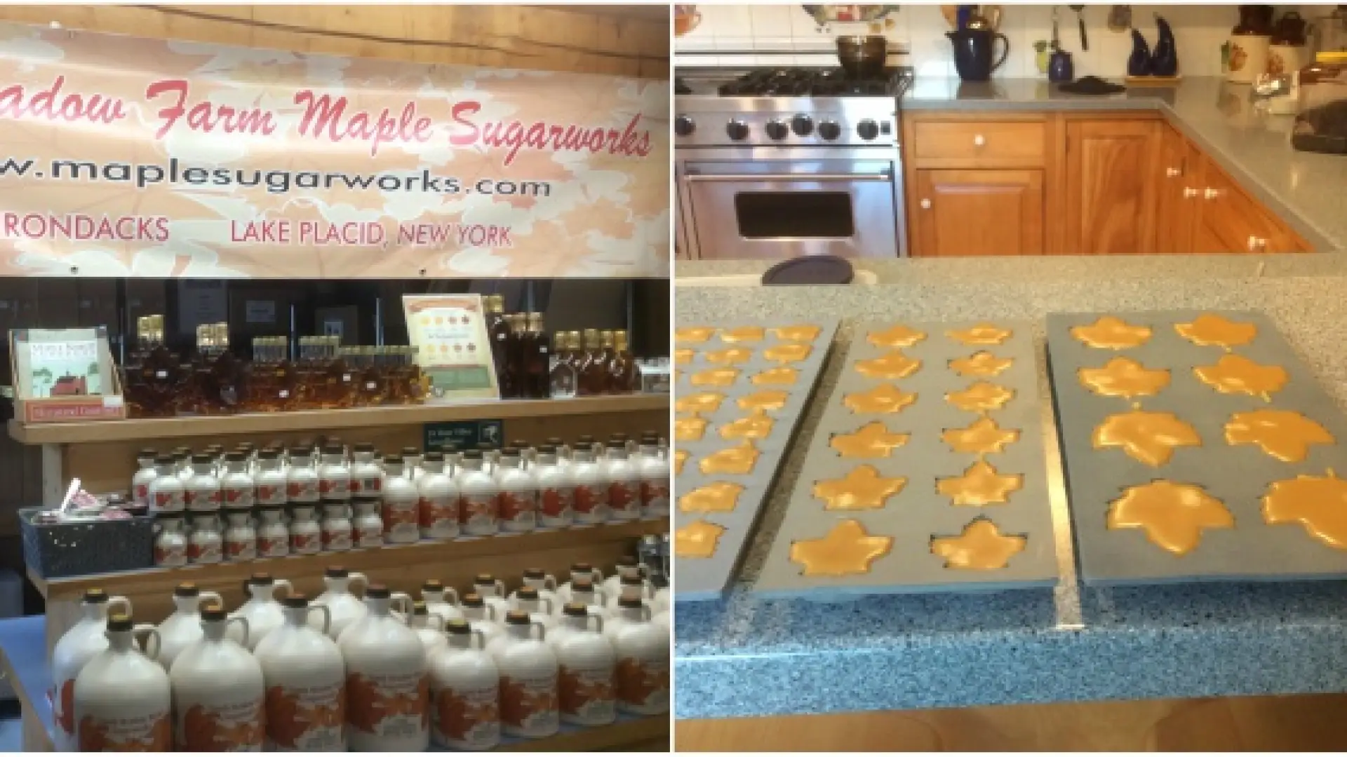 They have a maple surgaring store on the premises, and in spring, the scent of maple cooking is magical (left). The farm kitchen is where the hosts make homemade maple treats (right).