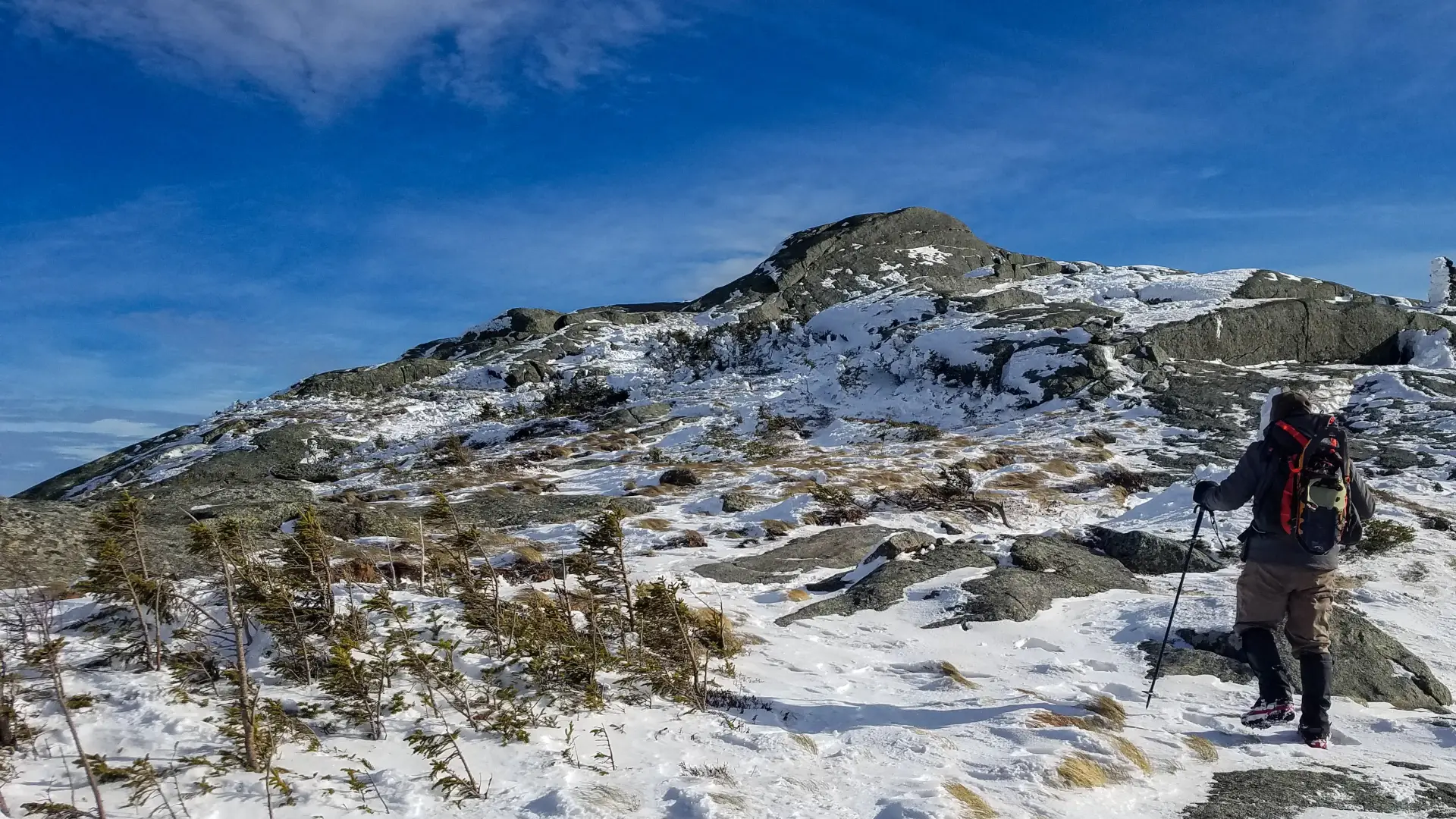 A winter hiker in the Adirondack alpine zone.