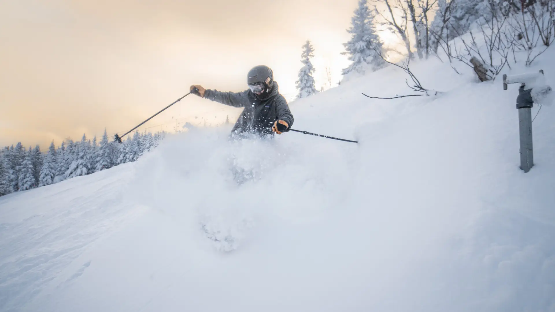 A skier bounds through powdery snow.