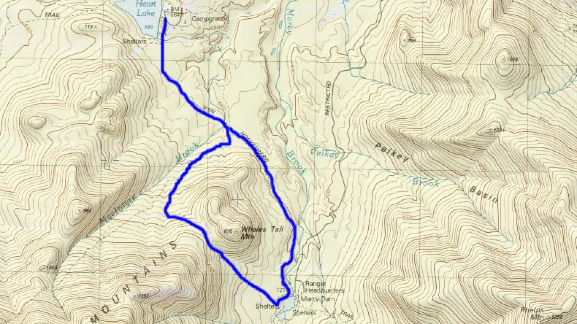 The Whale's Tail Ski Route highlighted in blue