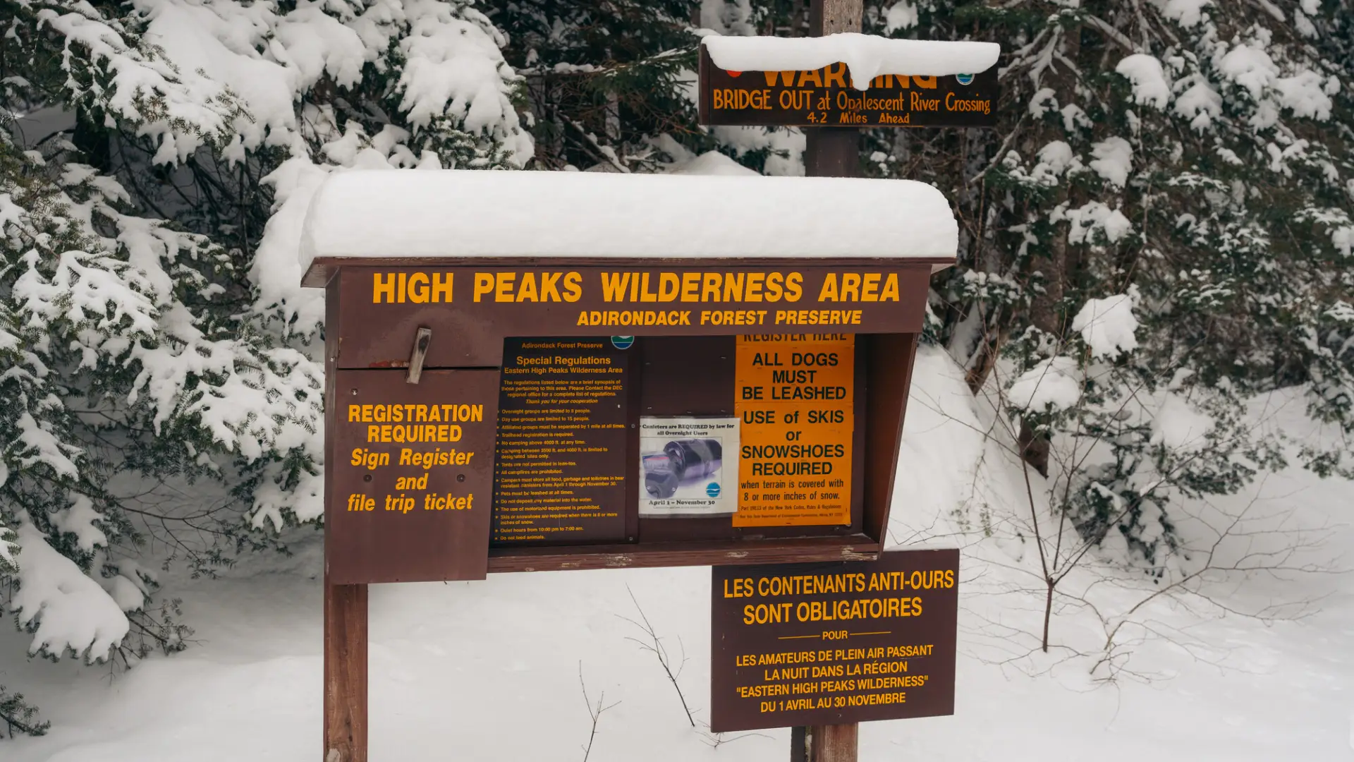 A snowy high peaks trailhead.
