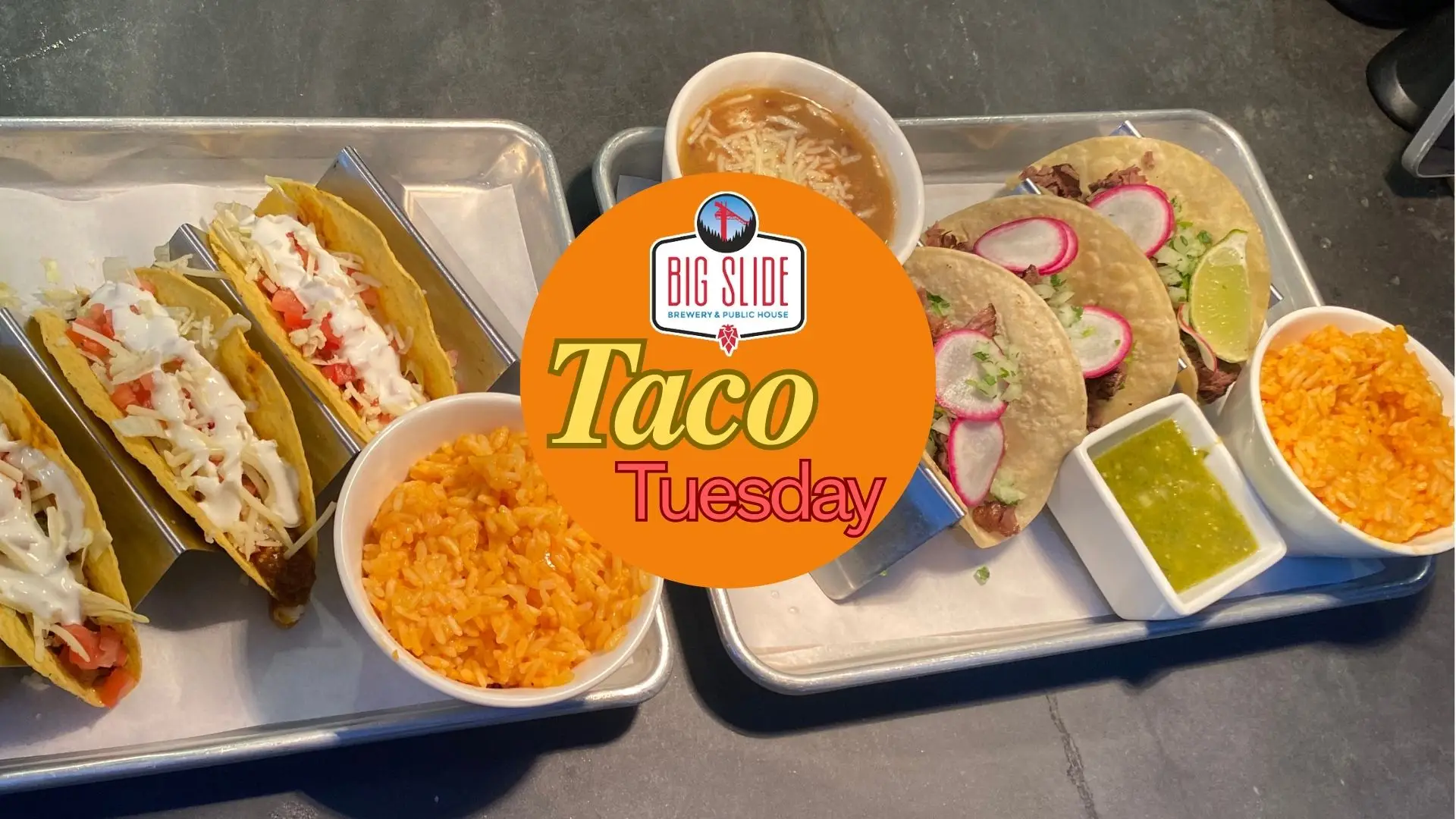 Two sets of three tacos displaying the various options that Big Slide offers on Tuesdays!