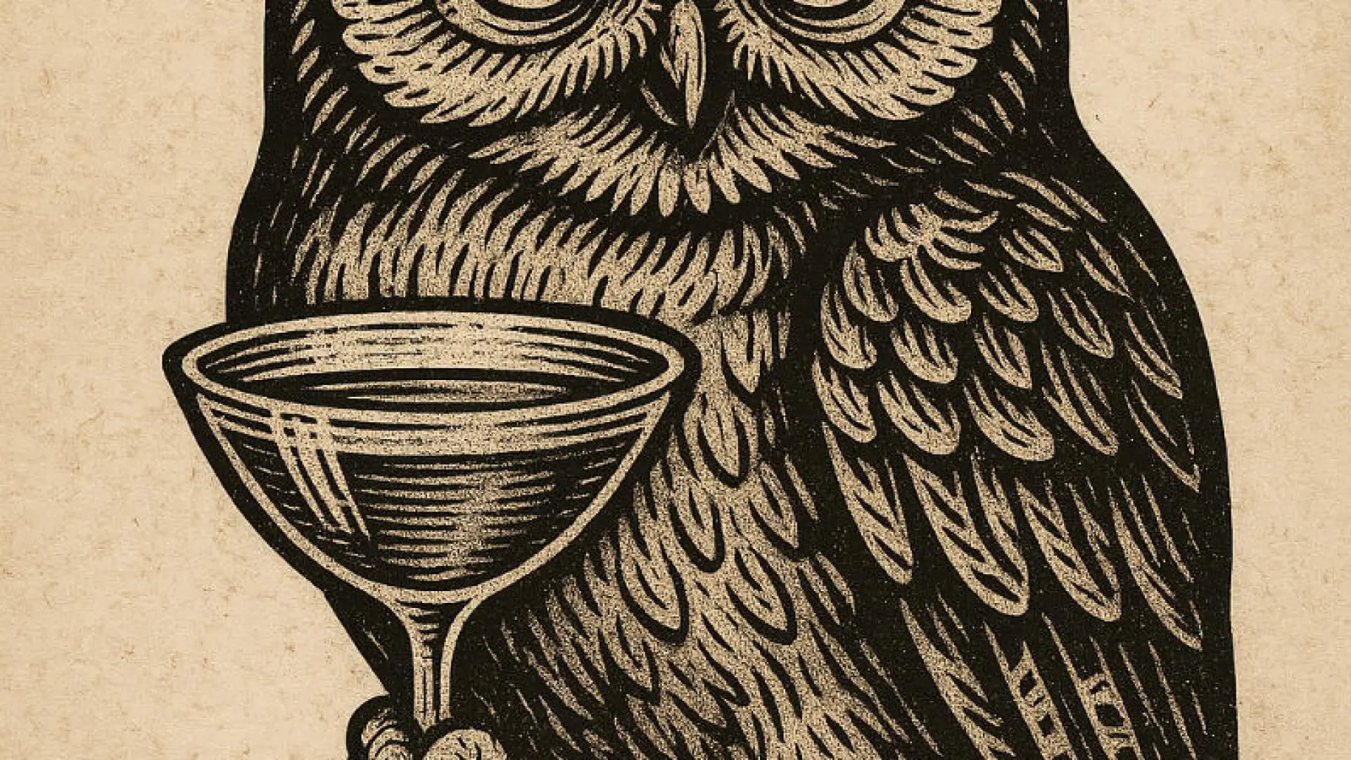 An illustration of an owl holding a martini glass over a sepia tone background