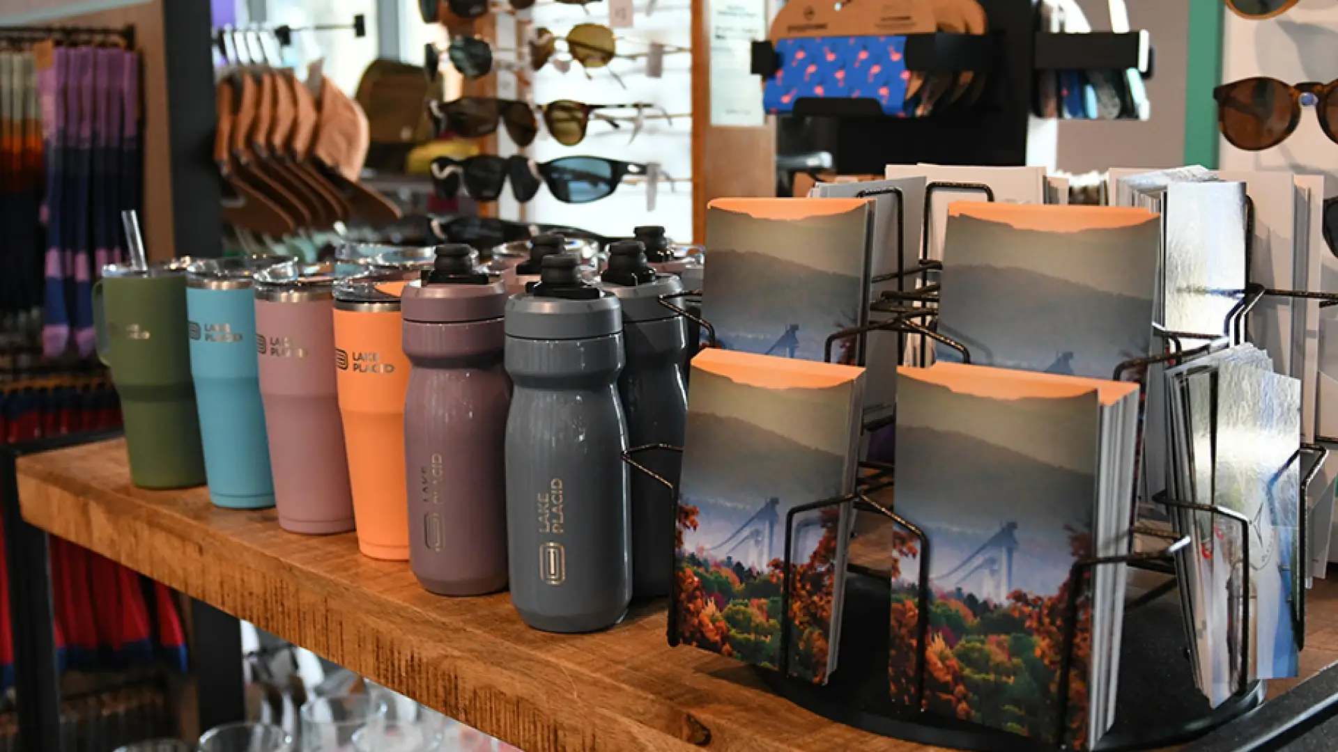 Tumblers, sunglasses and post cards.