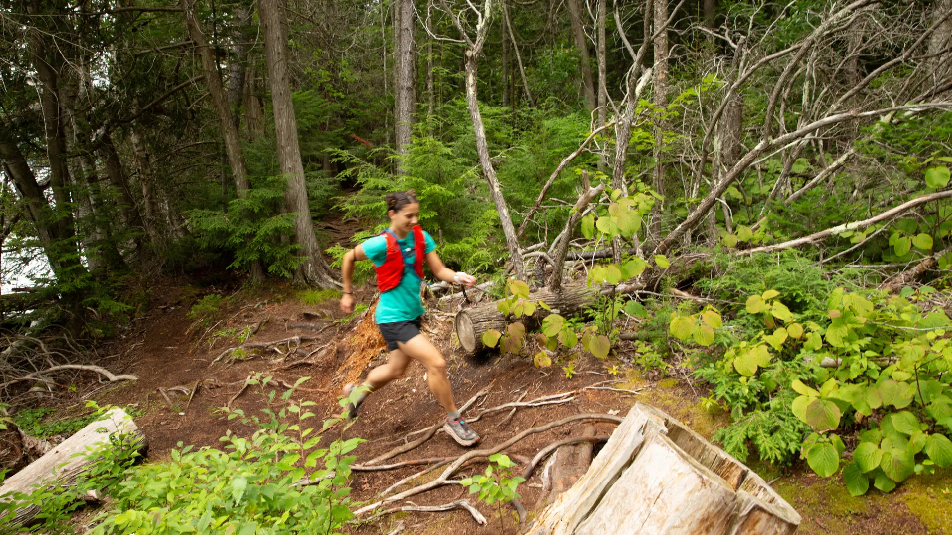 Woman in running shorts, running shoes, teal t-shirt, and red vest with hair in two buns runs uphill on forest trail covered in roots and rocks