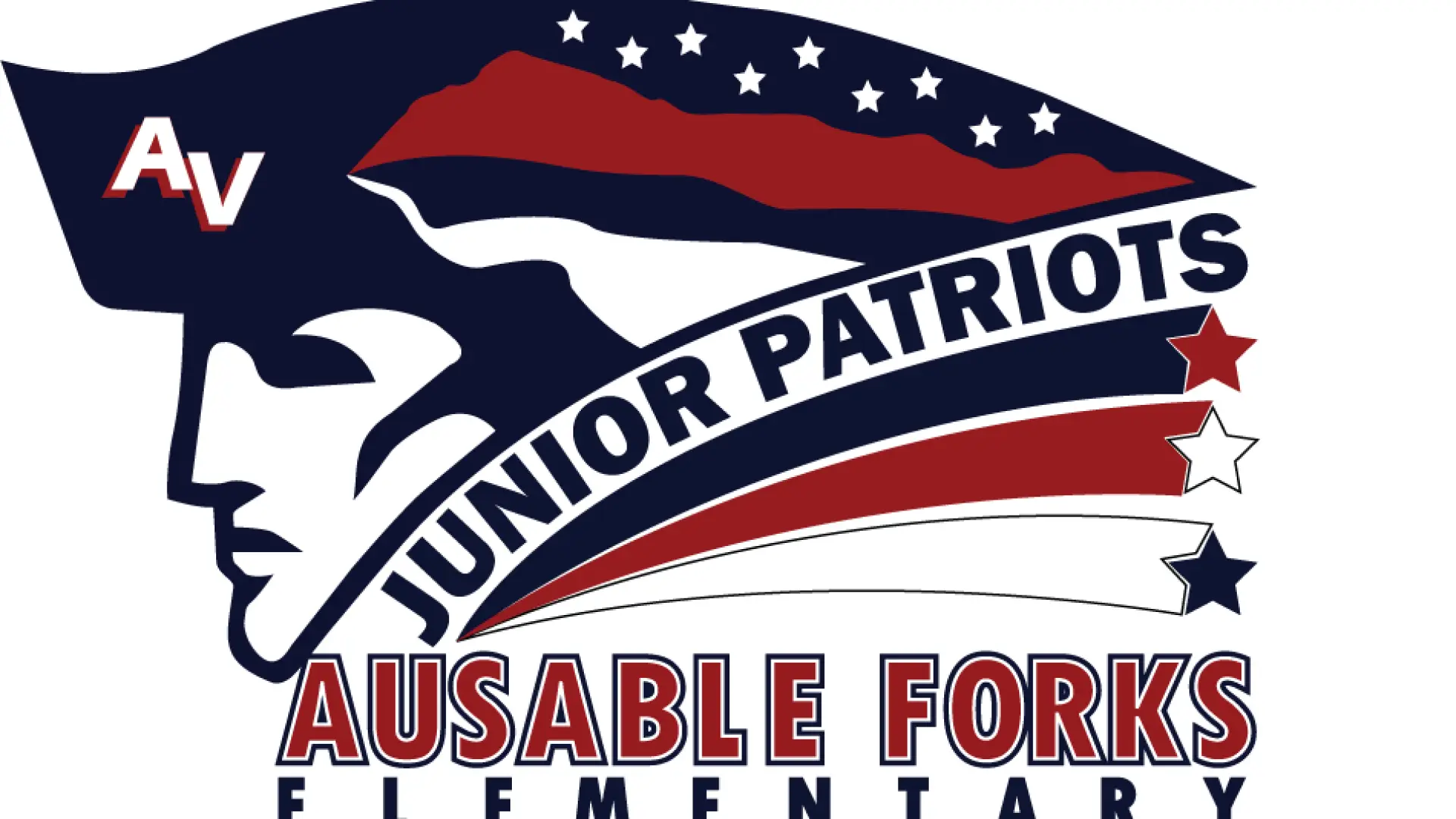 A profile of a man wearing a hat with a red white and blue striped motif and stars with the words Junior Patriots Ausable Forks Elementary