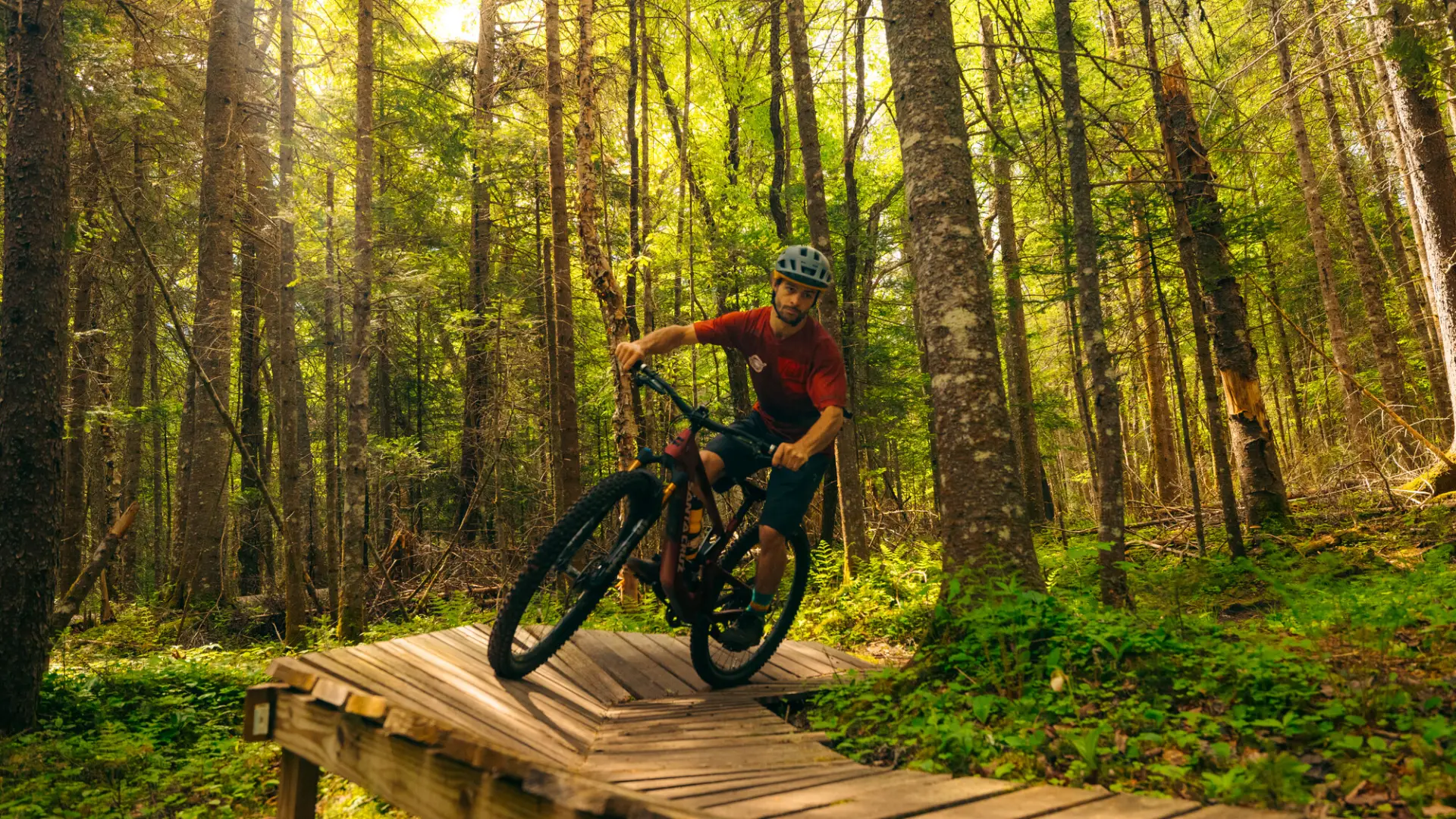 Mountain biker in red rides over wooden boardwalk on forest trail
