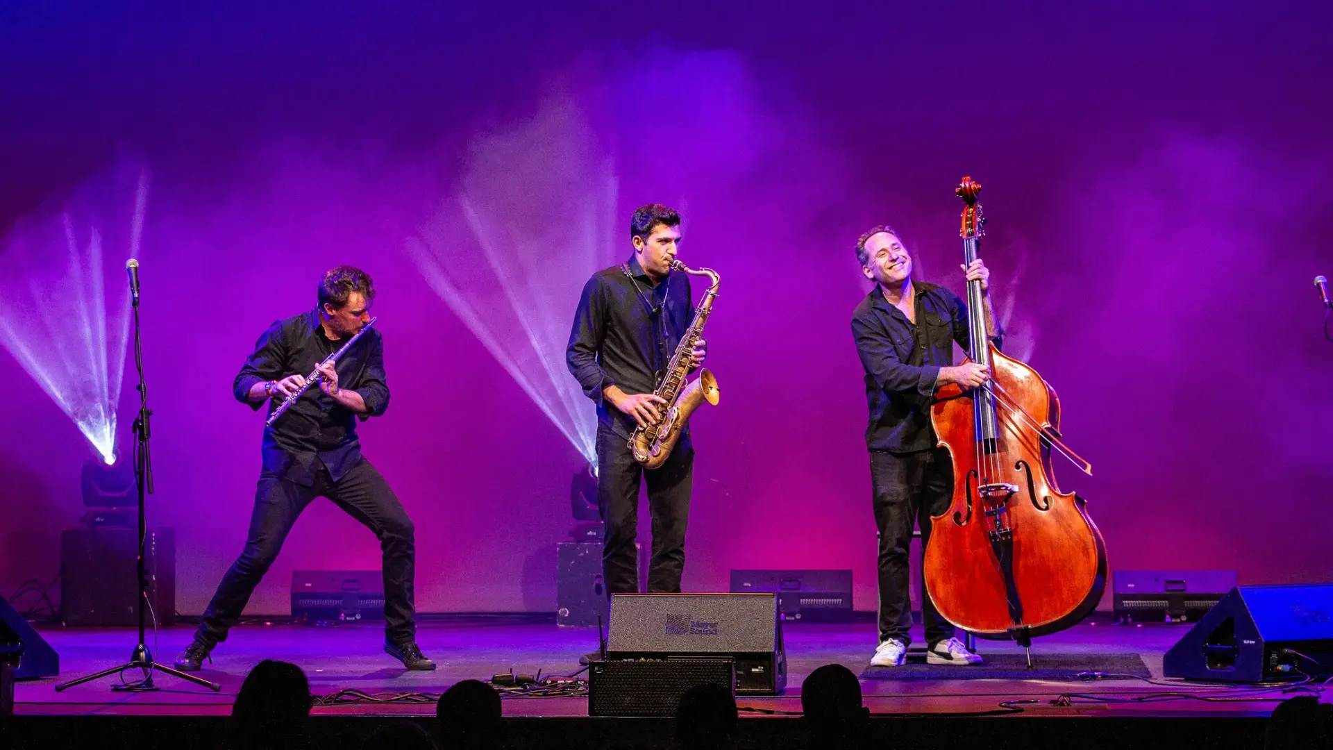 Trio of musicians playing flute, saxaphone, and stand-up bass on a stage