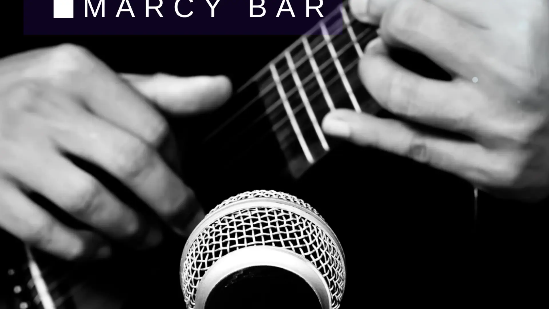 Live music at Marcy Bar, Fridays and Saturdays, 7 pm to 10 pm, 2520 Main St, Lake Placid, NY. A black and white photo shows a person playing a guitar near a microphone.