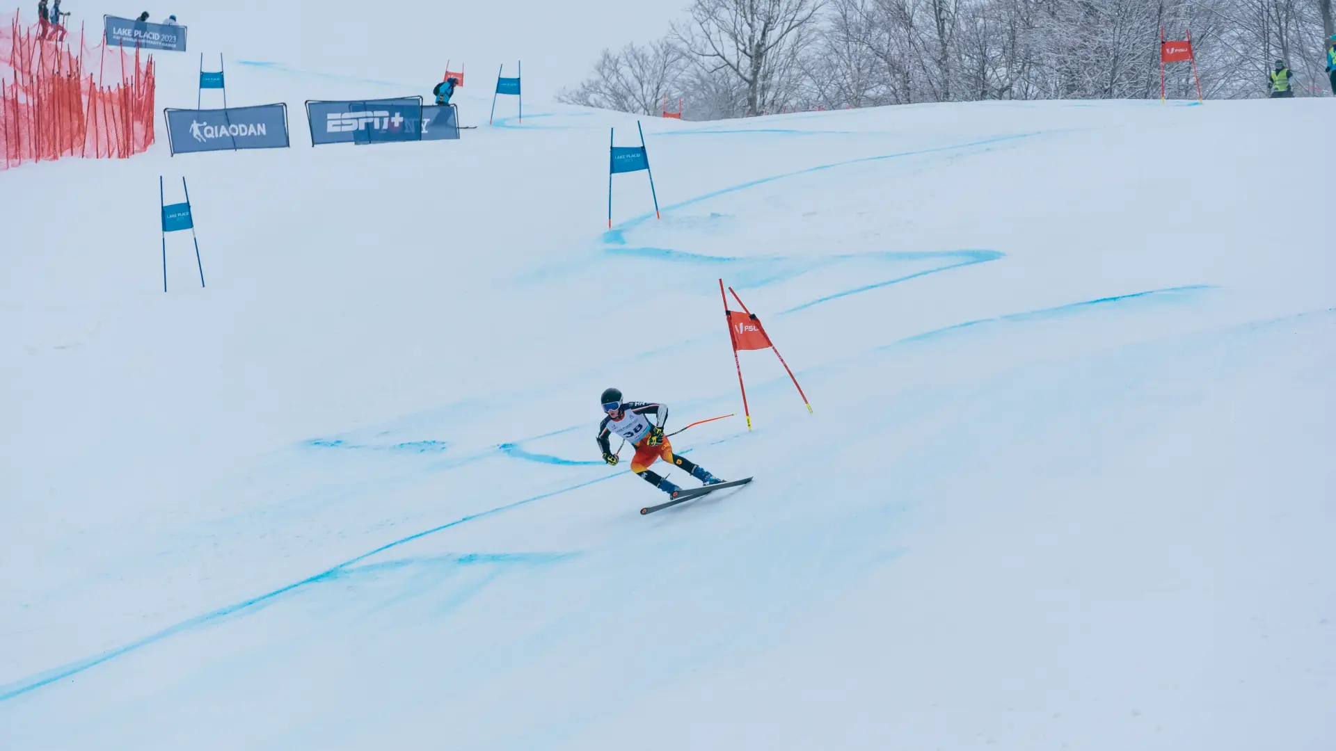 A downhill skier in a racing suit carves through a turn on a snowy slalom course marked by blue and red gates.