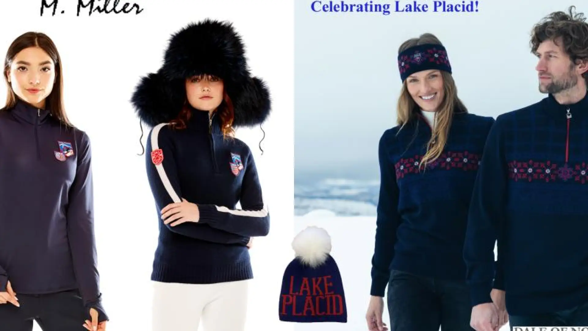 Several models wear special edition Lake Placid Dale of Norway sweaters