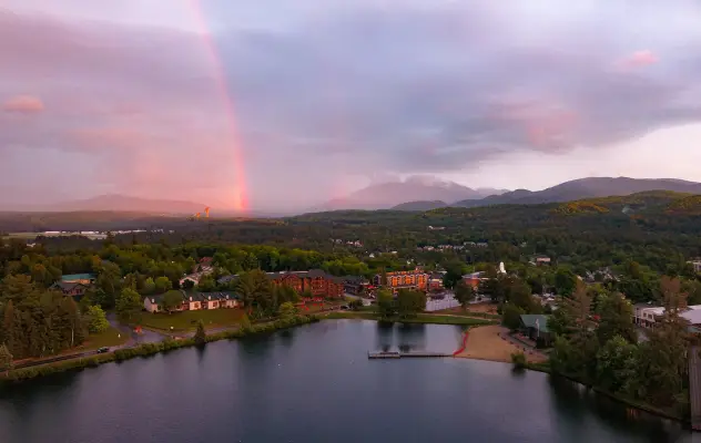 A rainbow over the town of Lake Placid.