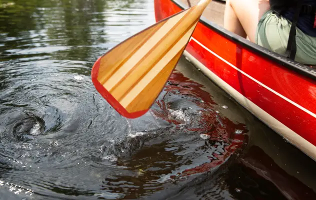A close up of a paddle on the water.