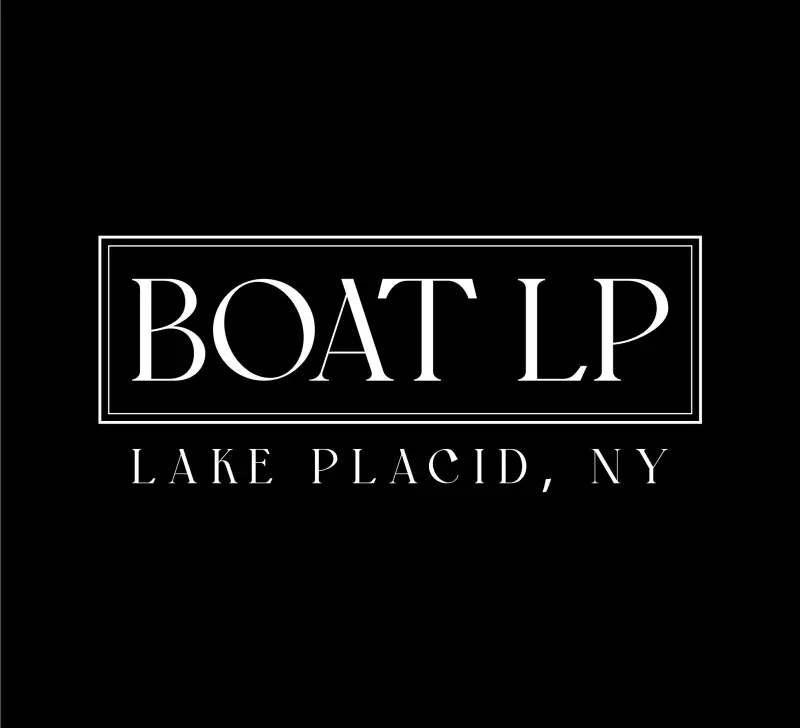 Logo for Boat LP, Lake Placid, NY. White lettering on a black background.