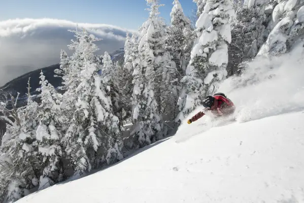 A person skiing down a snowy mountain.