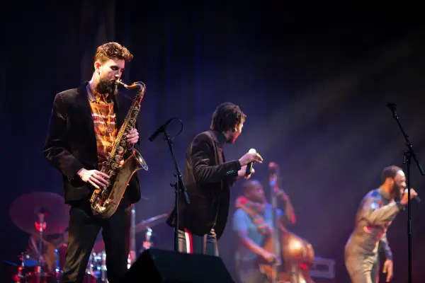 A band playing instruments in Lake Placid.