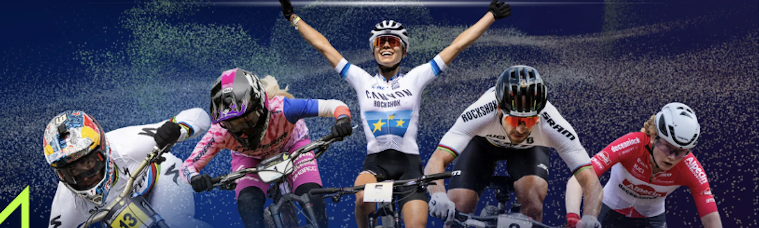 A woman on a bike cheering after a race.