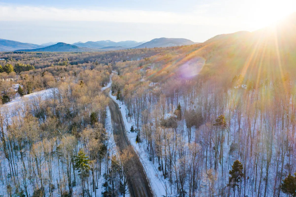 An aerial of a winter road.