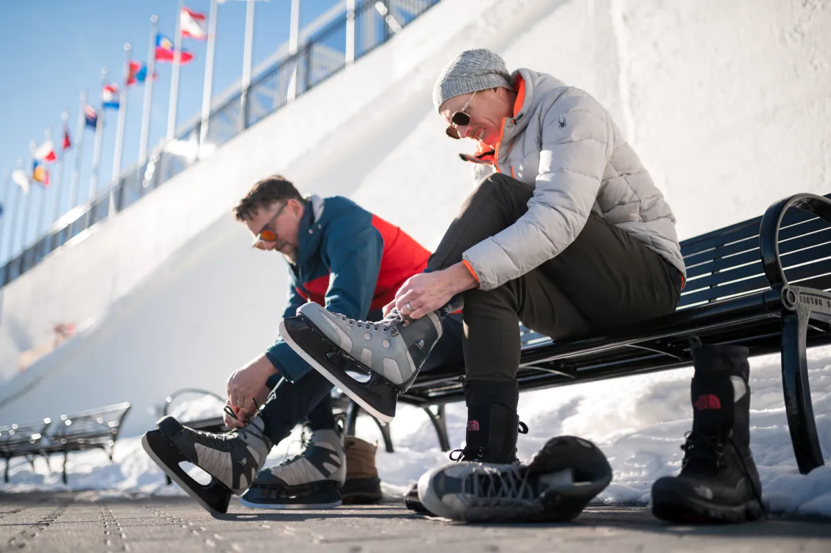 Putting on ice skates at the Olympic Oval.