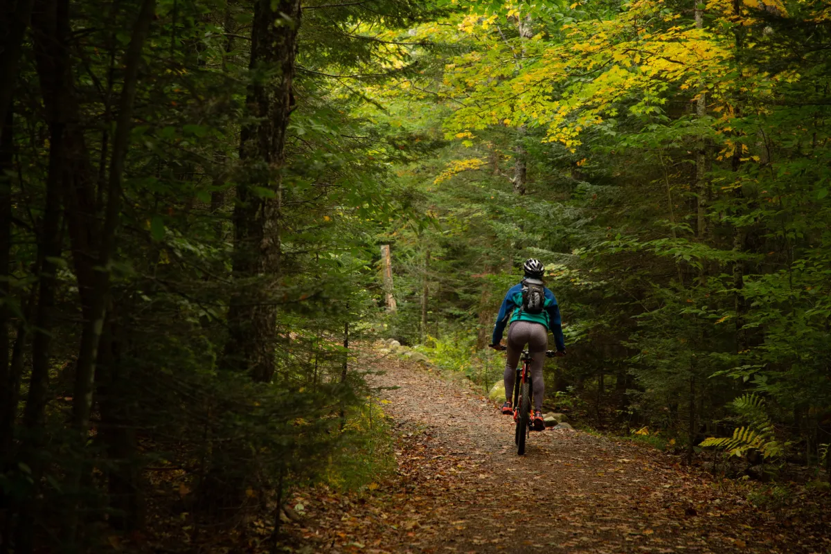 A mountain biker on a flat trail at Heaven Hill.