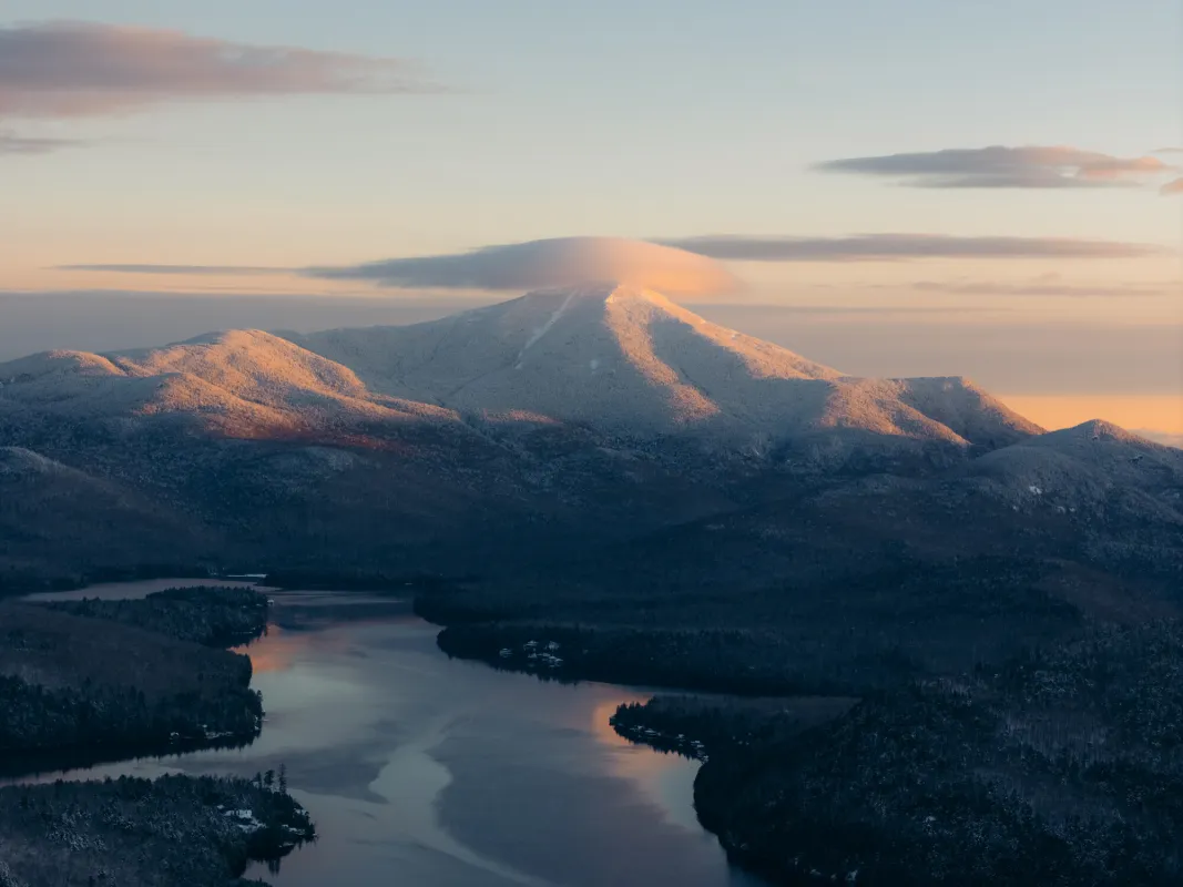 An aerial view of Lake Placid and Whiteface in the winter.