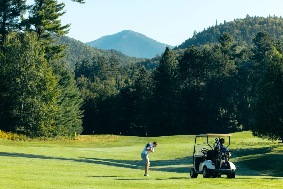 A golf cart on the green in front of mountains.
