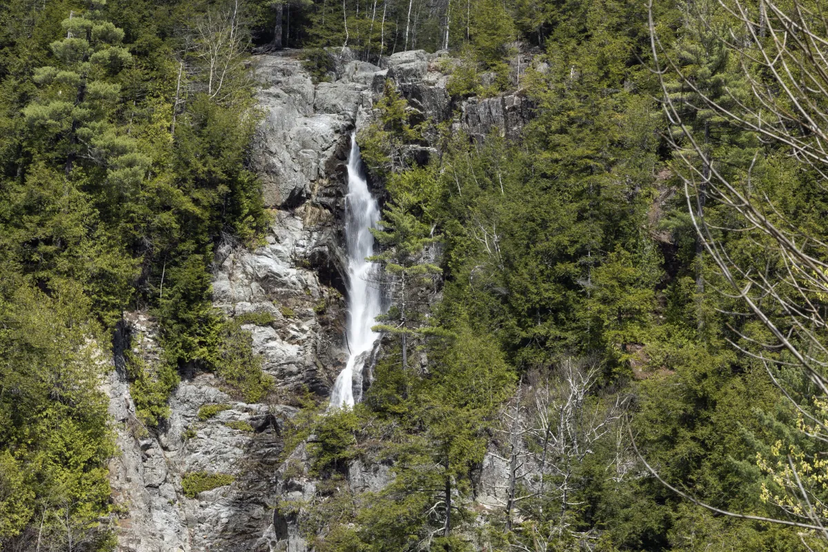A narrow waterfall seen from the road.
