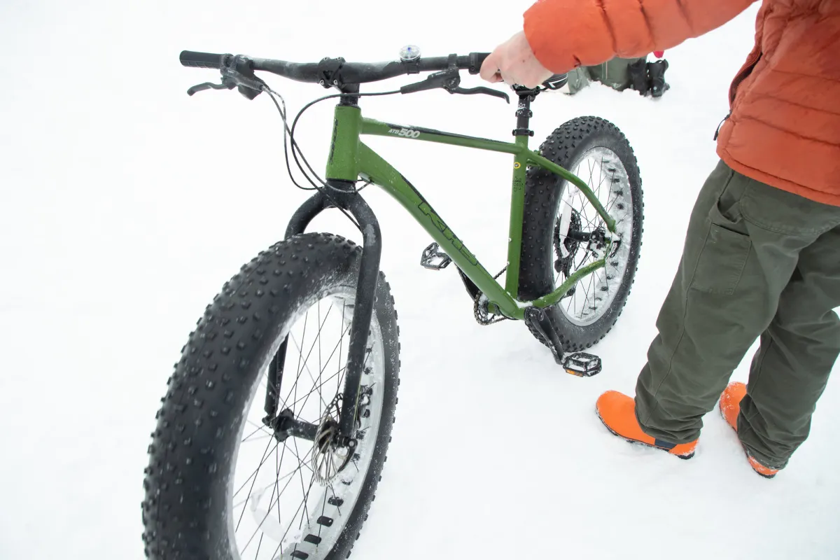 A close up of a fat tire bike.