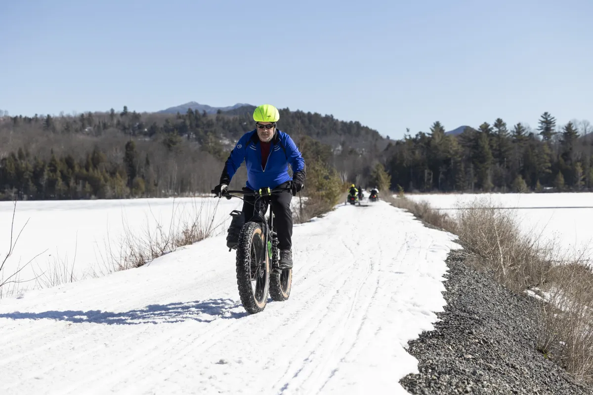Fat tire biker on the Adirondack Rail Trail.