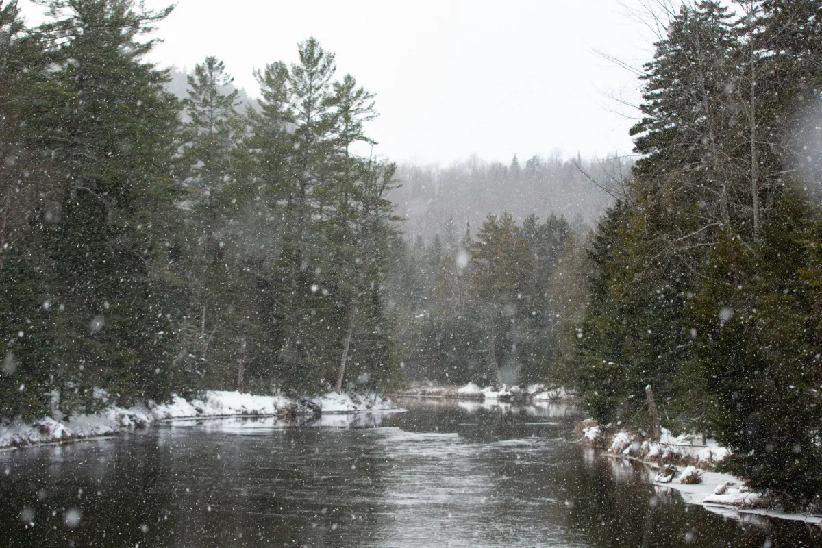 Snow falling at Monument Falls.