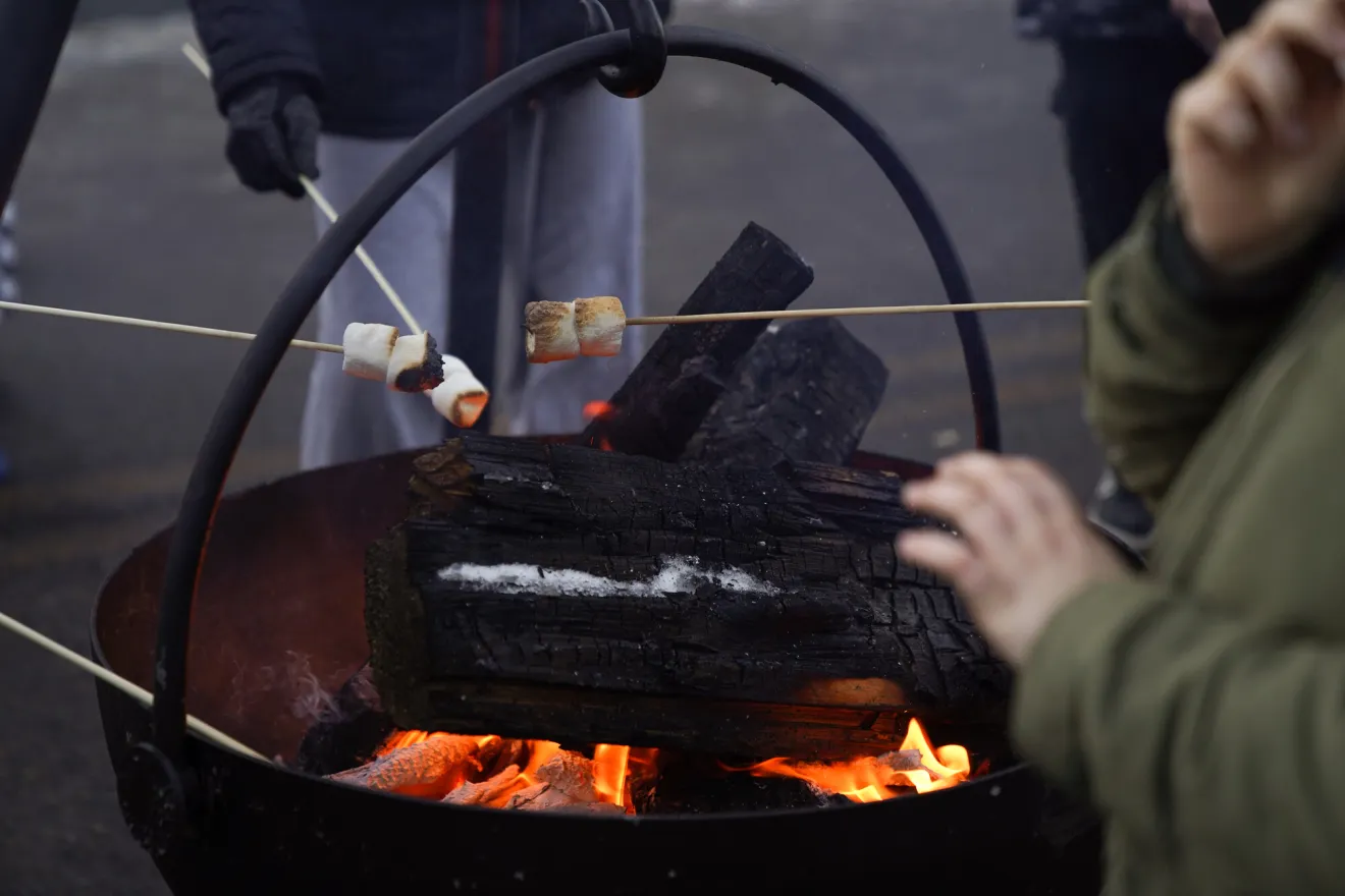 A group of people roast  marshmallows over a fire pit. 