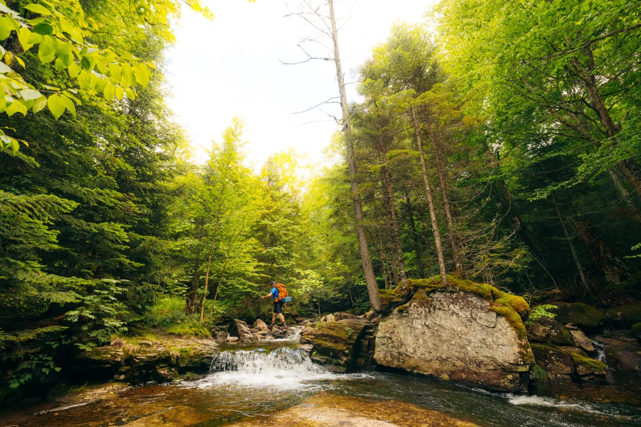 Hiker walks across top of small waterfall in sunny woods