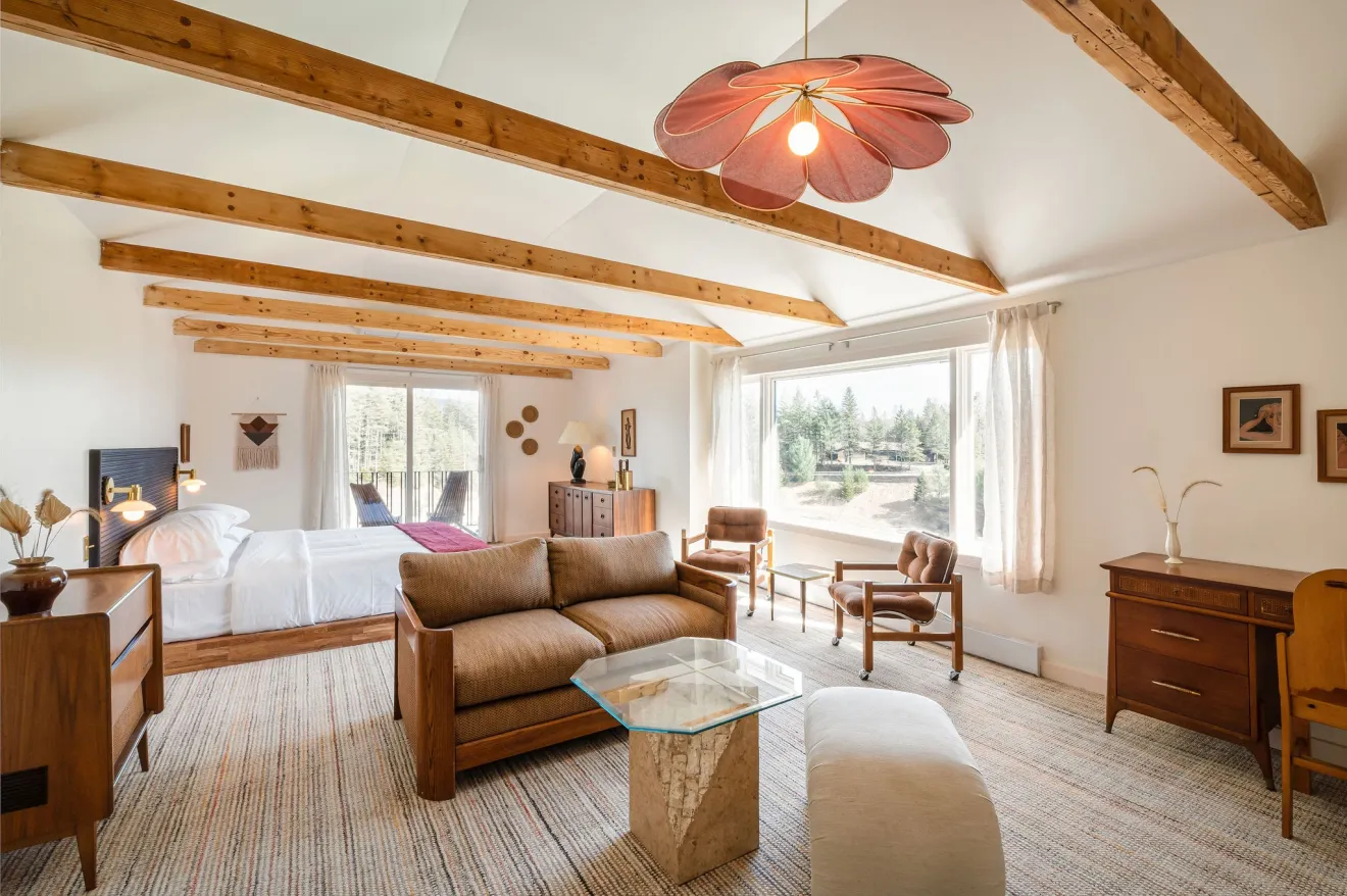 A brightly lit room with rustic accents. 