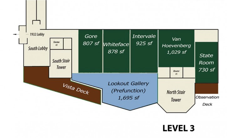 A floor plan of a conference center. 