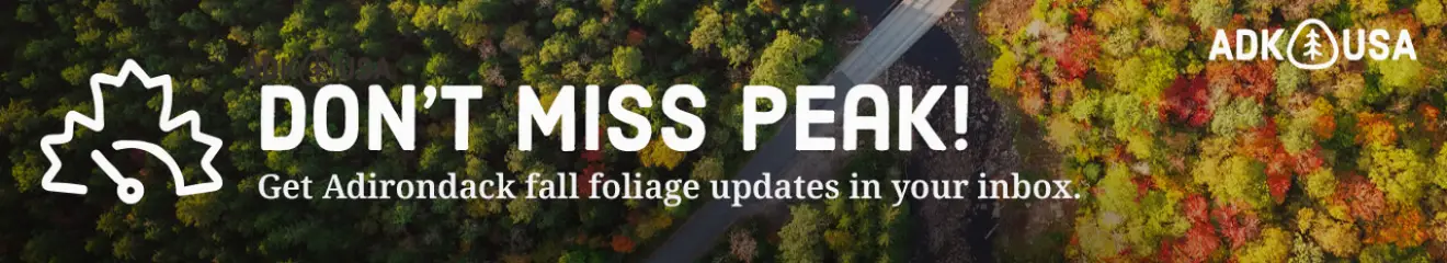 A banner reading "Don't Miss Peak! Get Adirondack fall foliage updates in your inbox." 