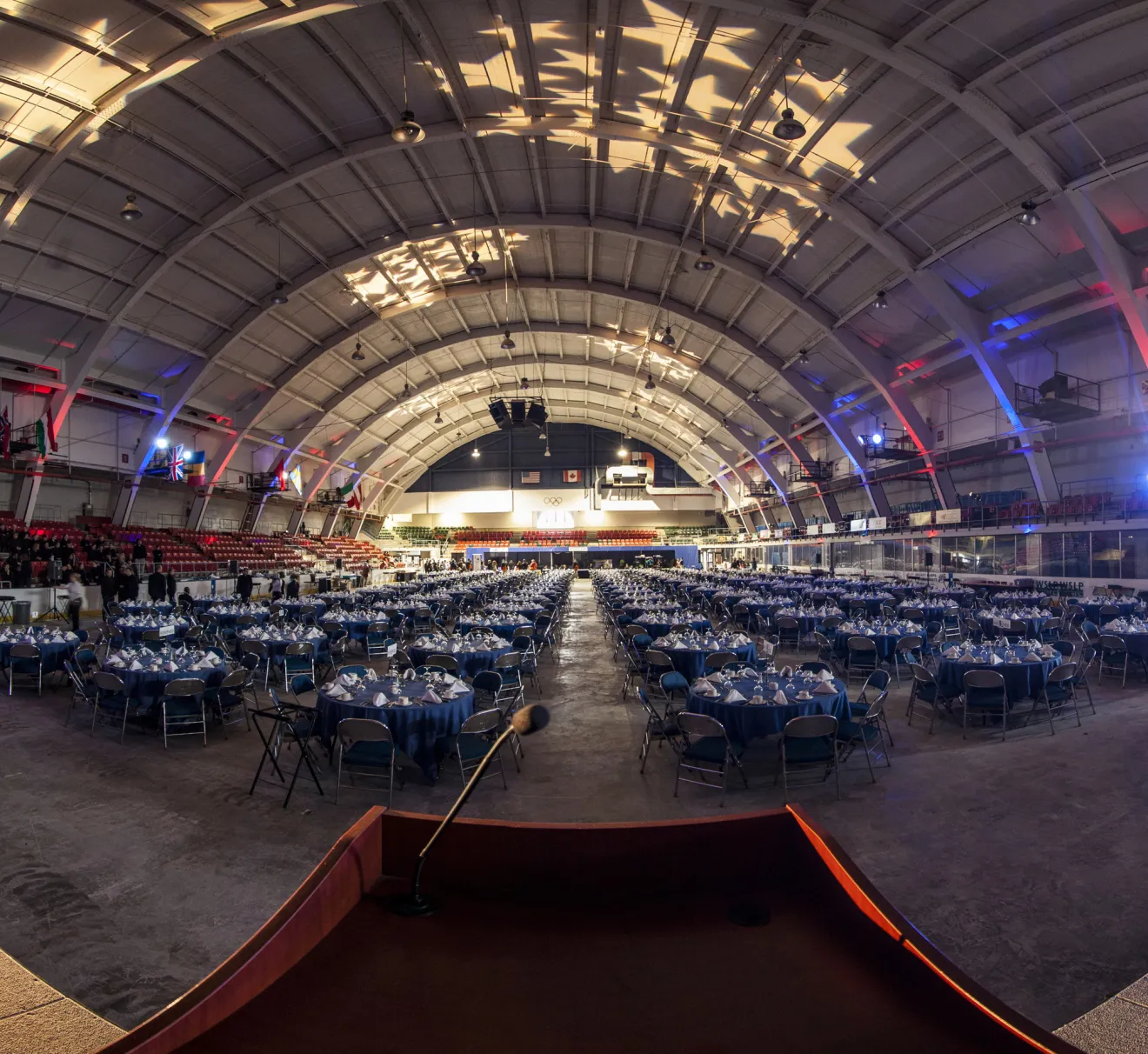 An auditorium decorated for an event. 