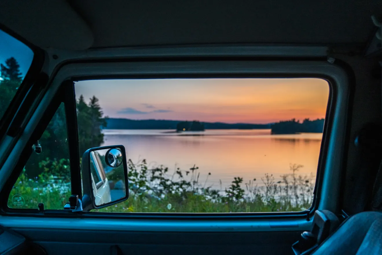 Sunset views from a car window.
