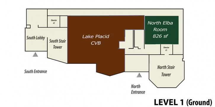 A floor plan of a conference center. 