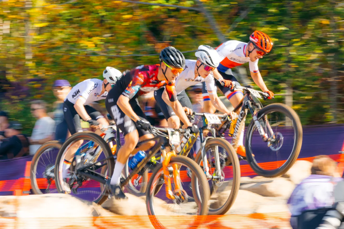 Mountain bikers at the UCI Mountain Bike event in Lake Placid.
