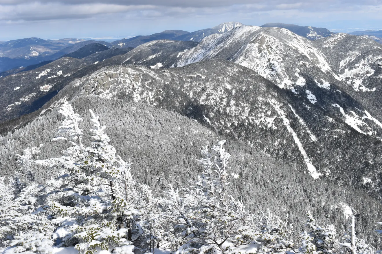 A view of tall, snow-capped mountains.