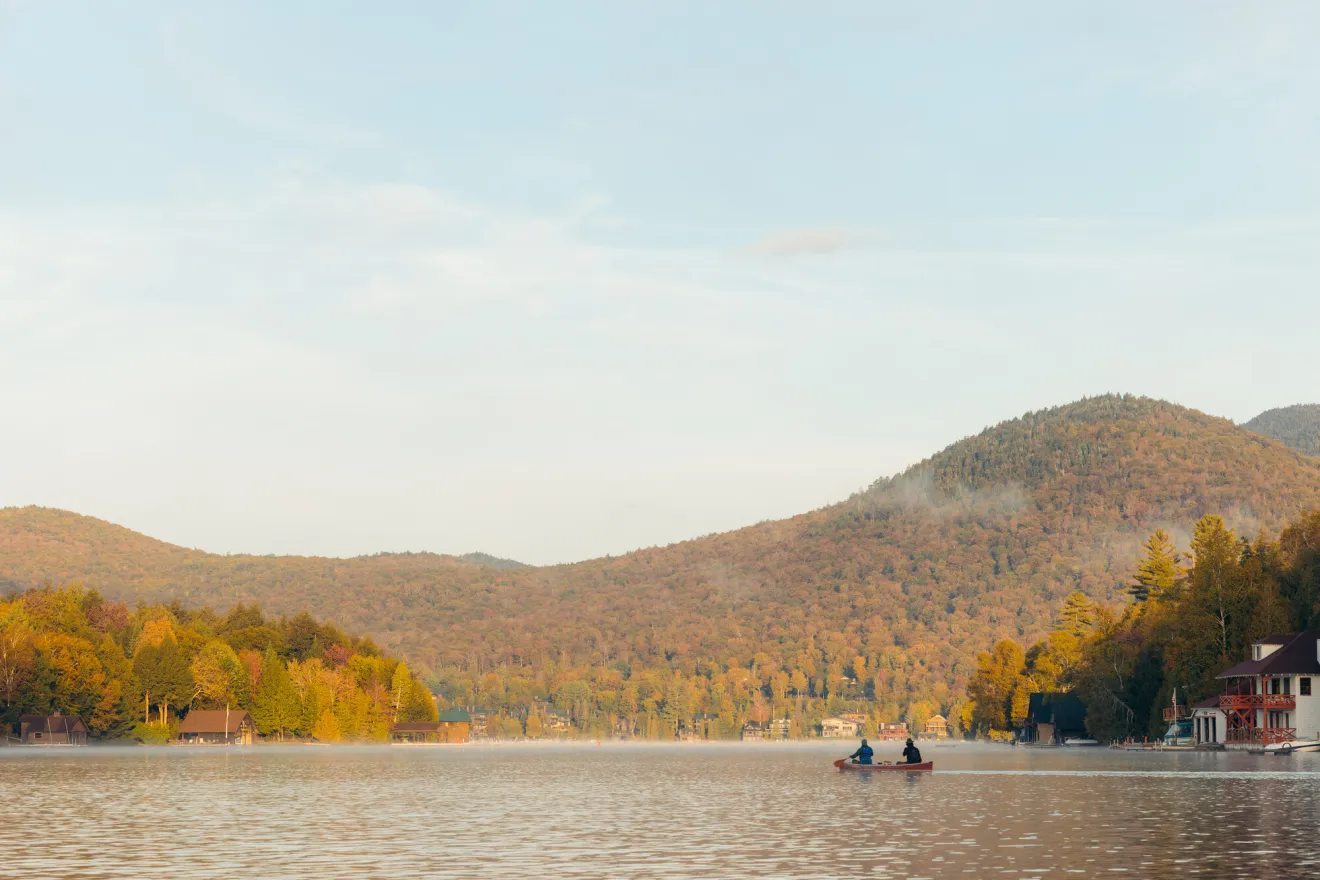 A canoe on Lake Placid during the fall.