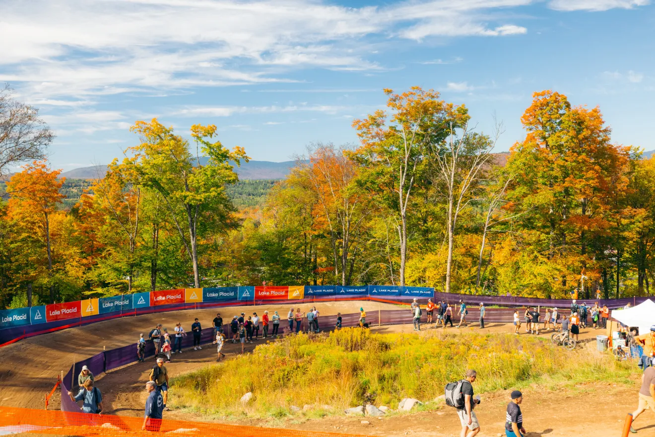 The UCI Mountain Bike event with fall foliage.