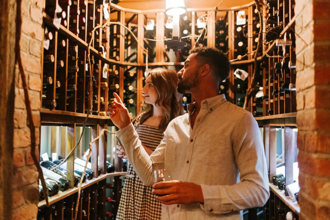 A man and woman shop for wine. 
