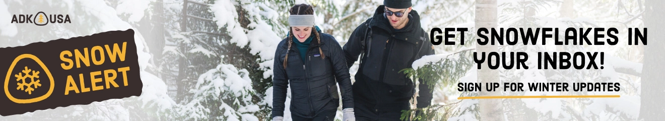 A man and woman walk through a snowy scene. A man and woman walk through a snowy scene in a graphic for Snow alerts in Lake Placid. 