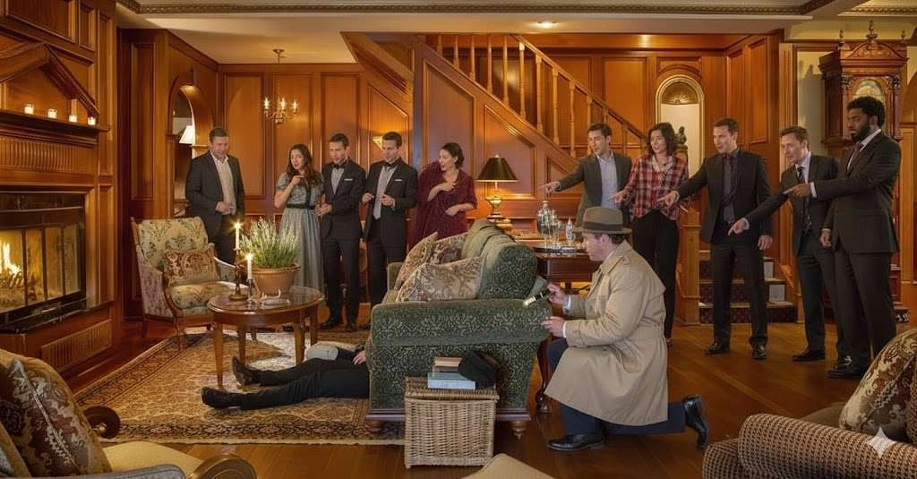 A variety of people in period dress stand in the dark wood paneled  entry way of the Mirror Lake Inn.