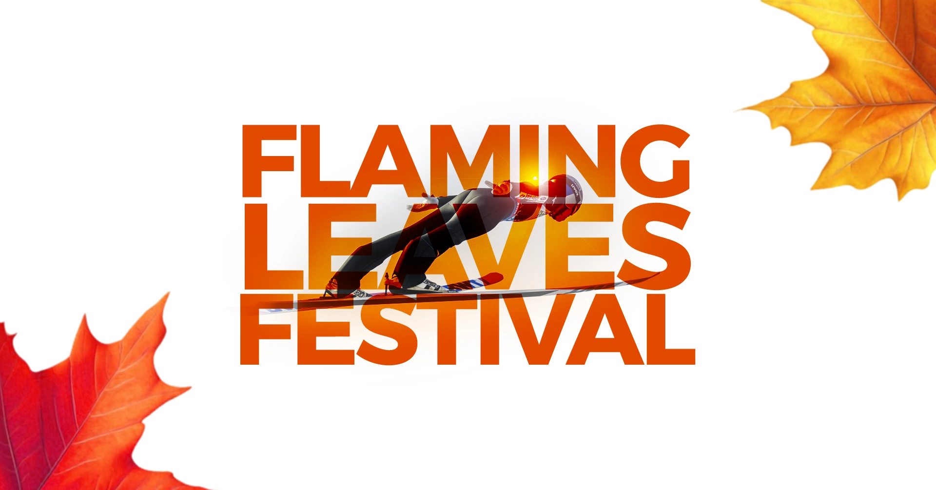 Flaming Leaves Festival header with ski jumper flying through text