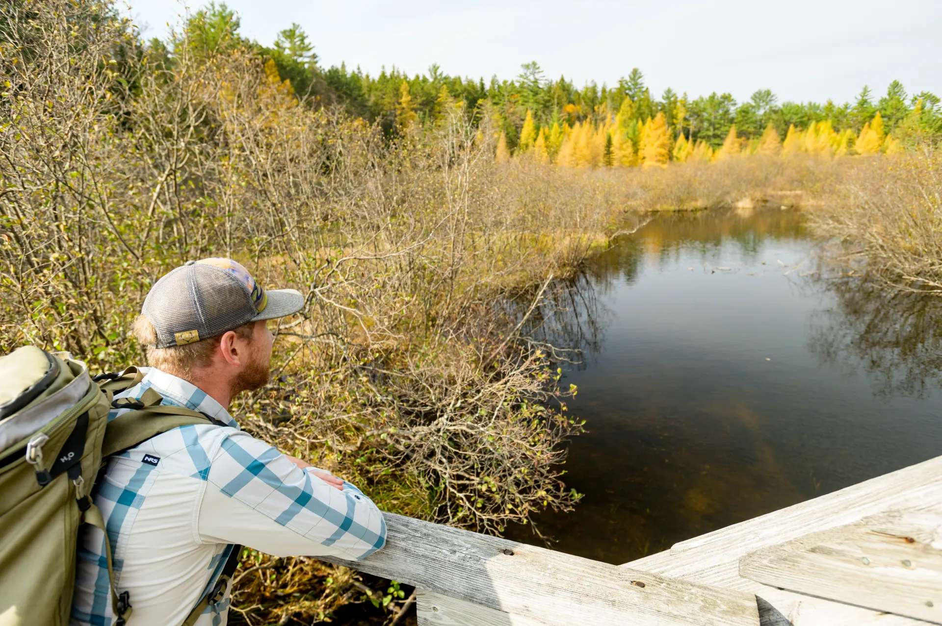 A hiker looks at a stream from a wooden bridge