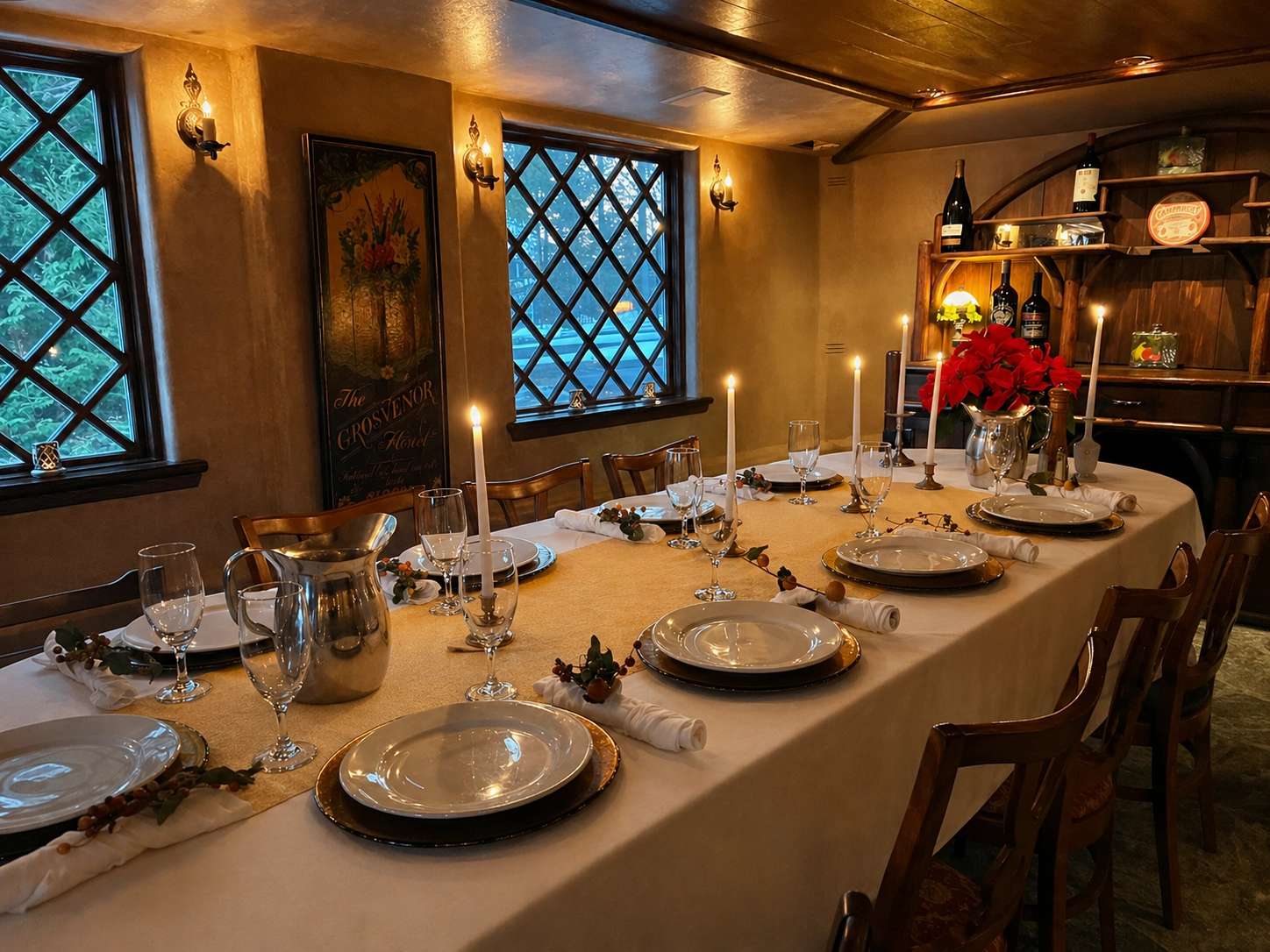 The place settings in the private dining room with lit candles.