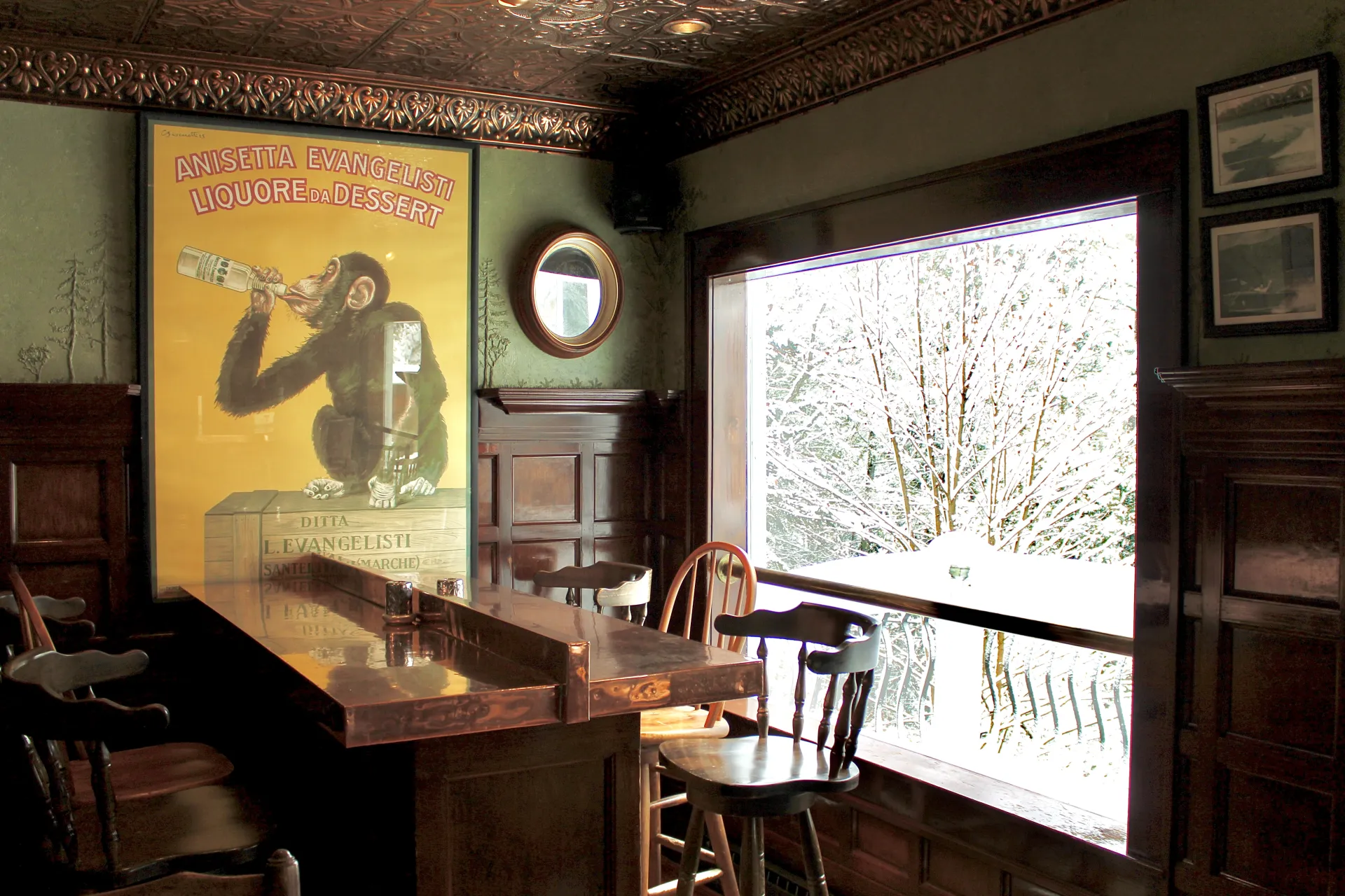 A double sided bar area with large window behind.